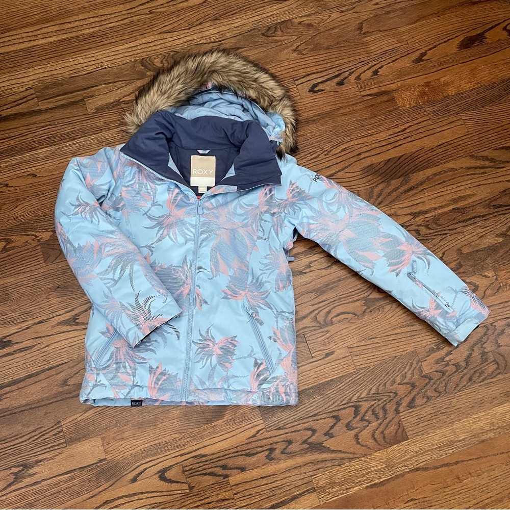 Roxy Floral Kids Puffer Jacket with Faux Fur Hood